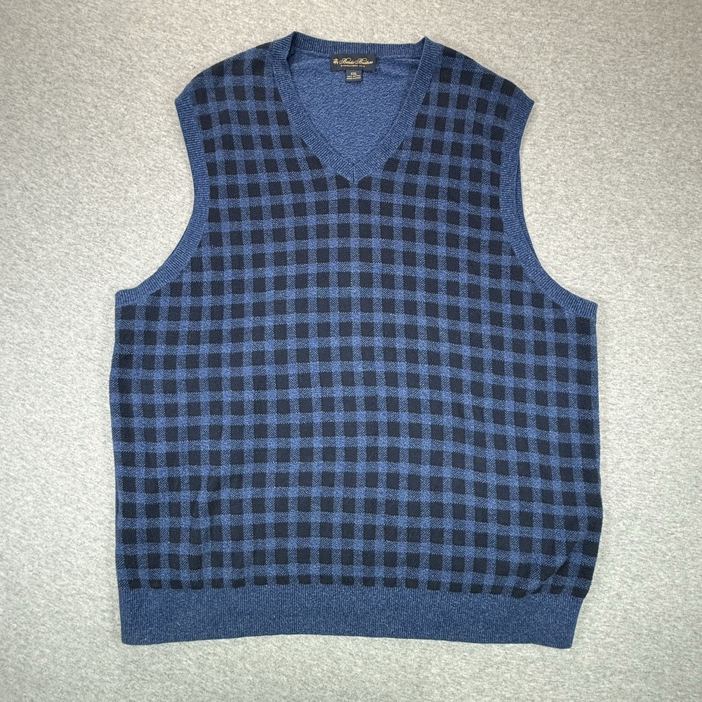 Brooks Brothers Golf Vest Mens 2XL Blue Plaid Pima Cotton V Neck Vintage Casual